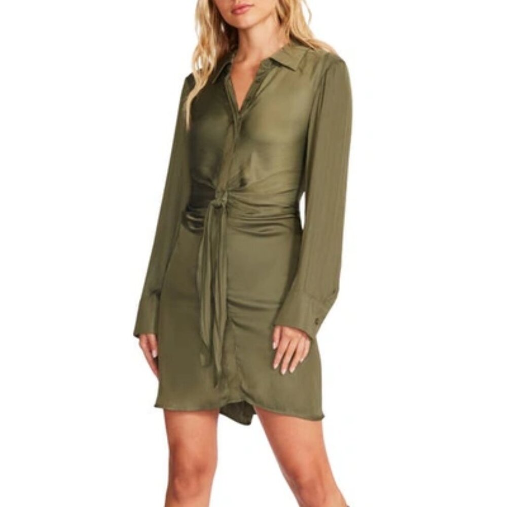 Steve Madden Olive Tie Waist Long Sleeve Satin Shirtdress XS - Picture 2 of 6